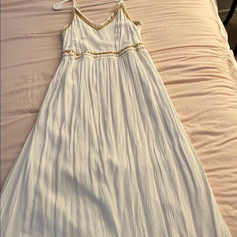 White Maxi Dress with Gold Trim - Womens Elegant Sleeveless Maxi